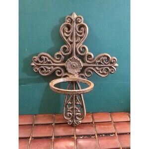 Cast Iron Cross Candle Sconce Floral & Scoll Design Gothic Regency 10"x7.25"